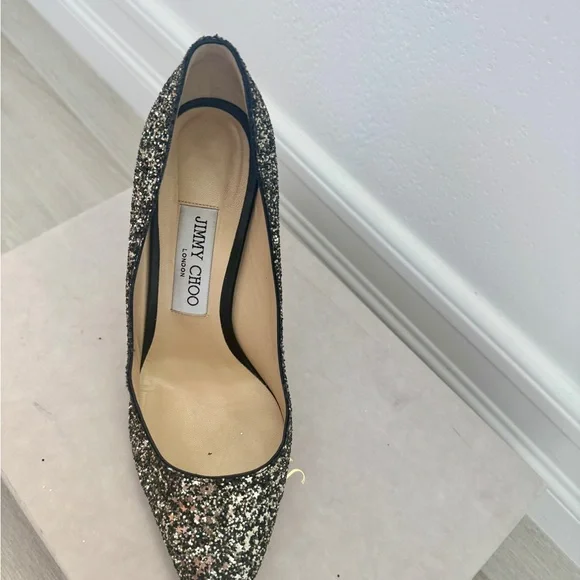 Jimmy Choo Black and Silver Glitter Pointed Toe Stilettos - Picture 7 of 8